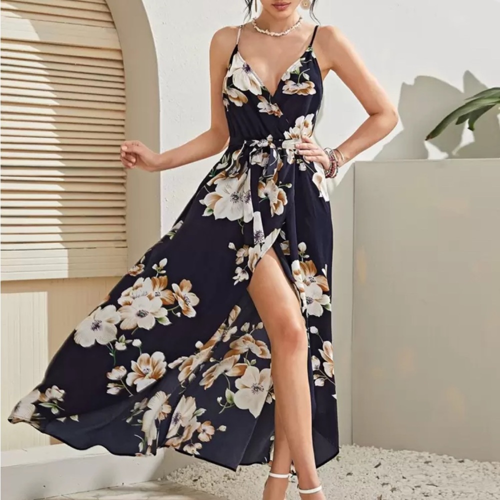 SHEIN Black and Tan High Low Sundress with Spaghetti Straps